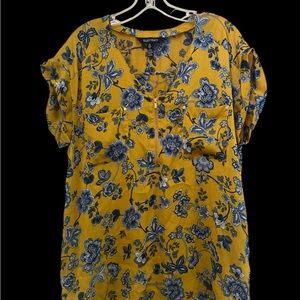 Ellen Tracy Yellow and Blue Floral Zip up Blouse